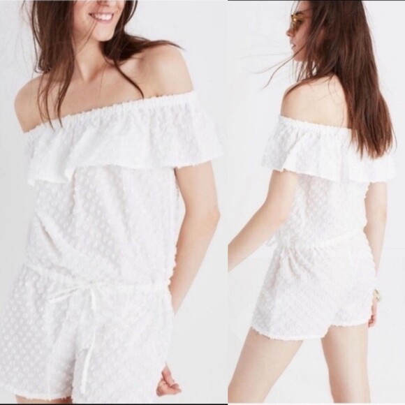 Madewell White Swiss Dot Romper Size Medium with elastic drawstring waistband - Picture 1 of 10